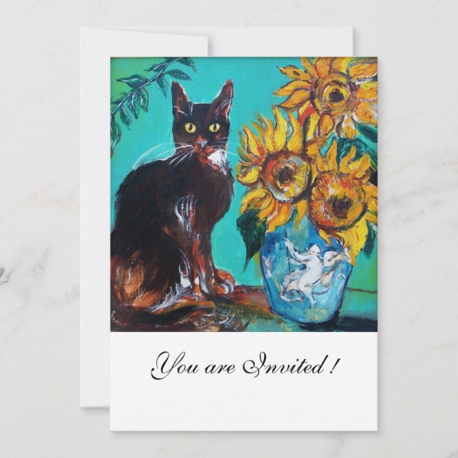 SUNFLOWERS AND BLACK CAT IN BLUE TEAL Summer Party Invitation (Front)