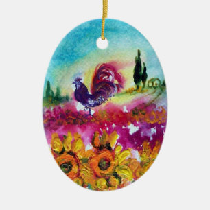 SUNFLOWERS AND BLACK ROOSTER CERAMIC TREE DECORATION