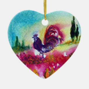 SUNFLOWERS AND BLACK ROOSTER Heart Ceramic Ornament