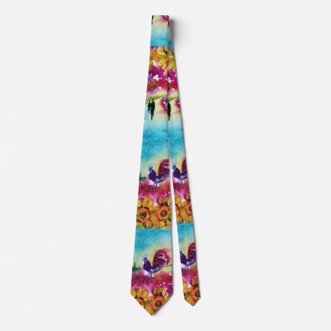 SUNFLOWERS AND BLACK ROOSTER IN TUSCANY LANDSCAPE TIE (Front)