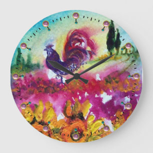 SUNFLOWERS AND BLACK ROOSTER LARGE CLOCK