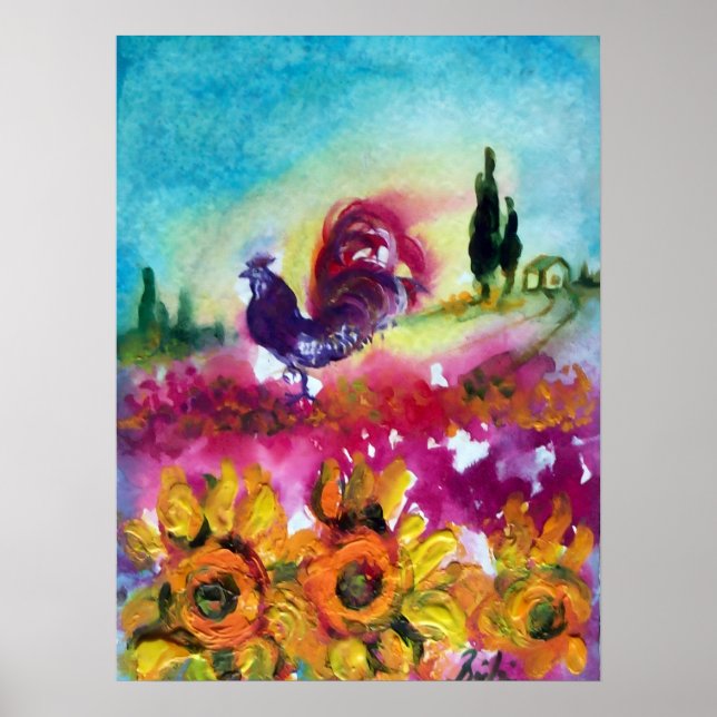 SUNFLOWERS AND BLACK ROOSTER POSTER (Front)