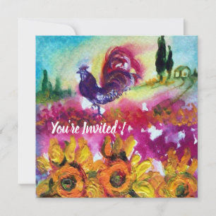 SUNFLOWERS AND BLACK ROOSTER Rustic Landscape Invitation
