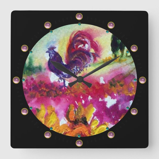 SUNFLOWERS AND BLACK ROOSTER SQUARE WALL CLOCK (Front)