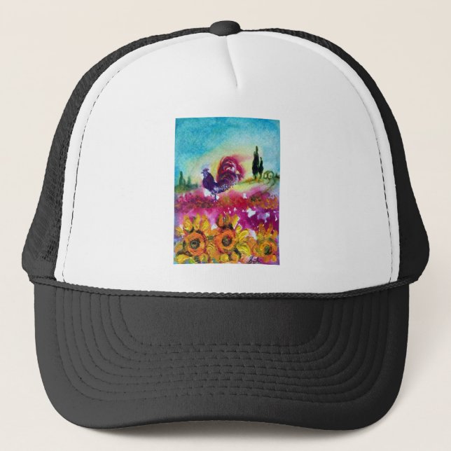 SUNFLOWERS AND BLACK ROOSTER TRUCKER HAT (Front)