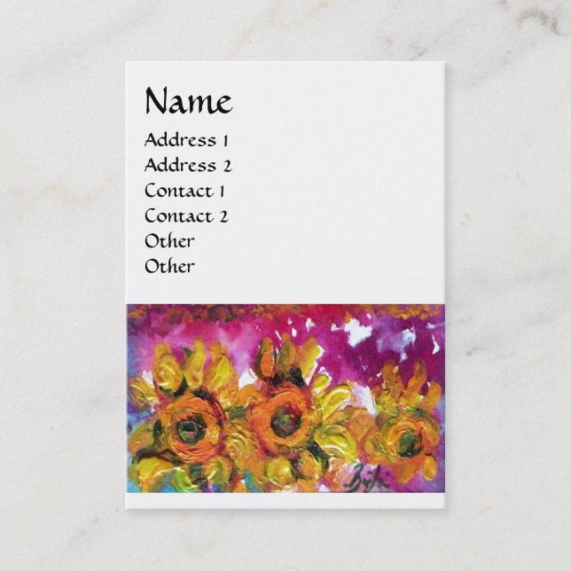 SUNFLOWERS AND BLACK ROOSTER / white pearl Business Card (Front)