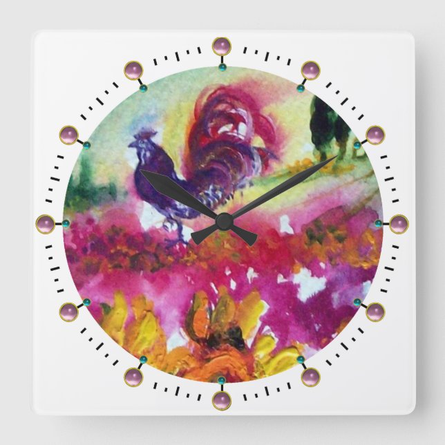 SUNFLOWERS AND BLACK ROOSTER ,White Square Wall Clock (Front)