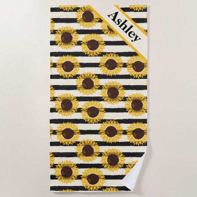 Sunflowers and Black Stripes Beach Towel (Front)