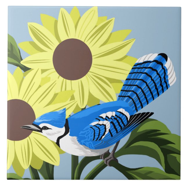 Sunflowers and Blue Jay Ceramic Tile (Front)