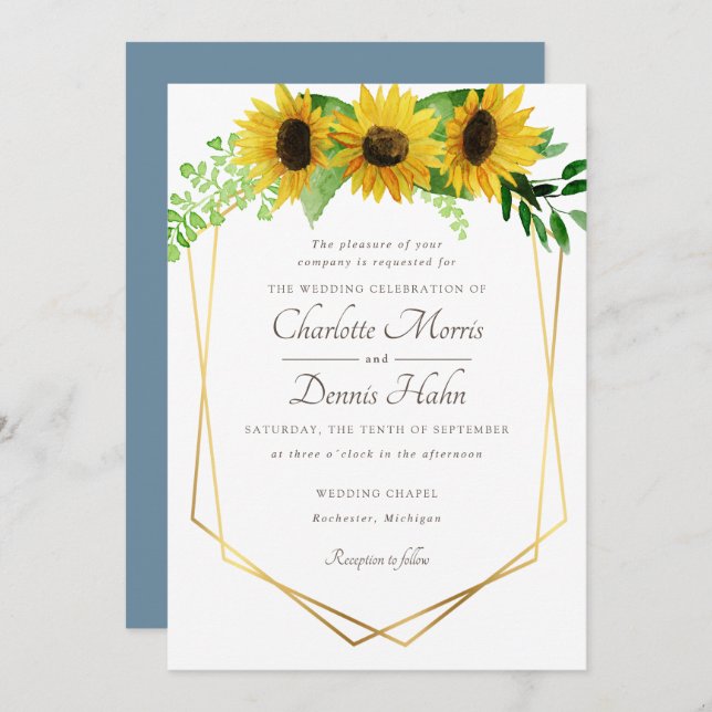 Sunflowers and blue wedding invitation (Front/Back)