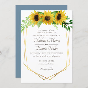 Sunflowers and blue wedding invitation