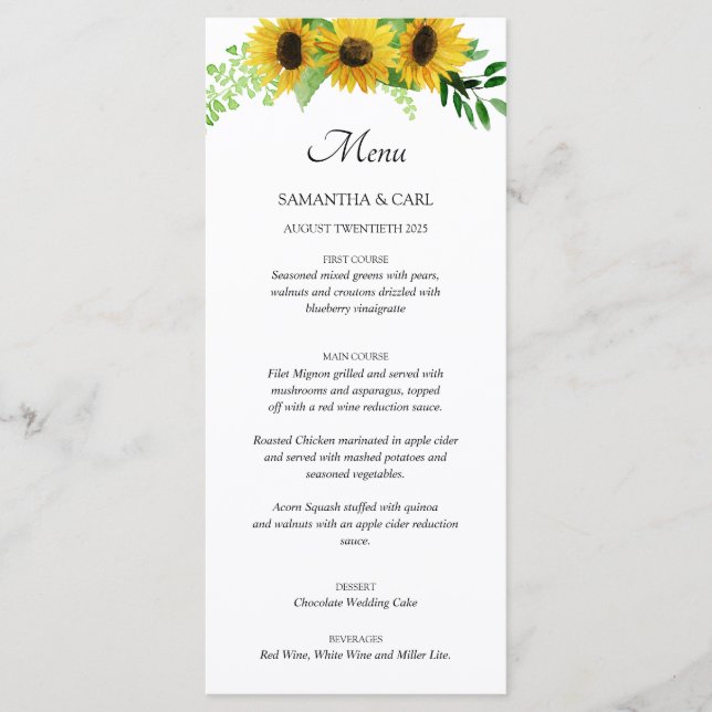 sunflowers and blush blue menu (Front)
