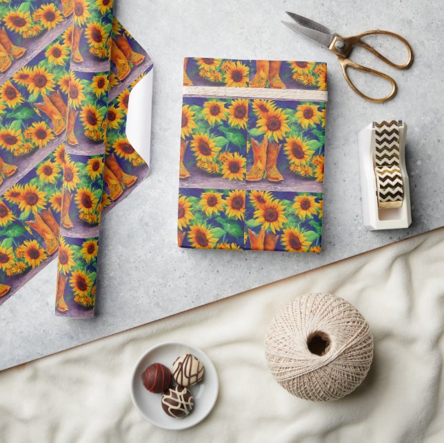 Sunflowers and Boots Tiled Pattern Wrapping Paper (Crafts)