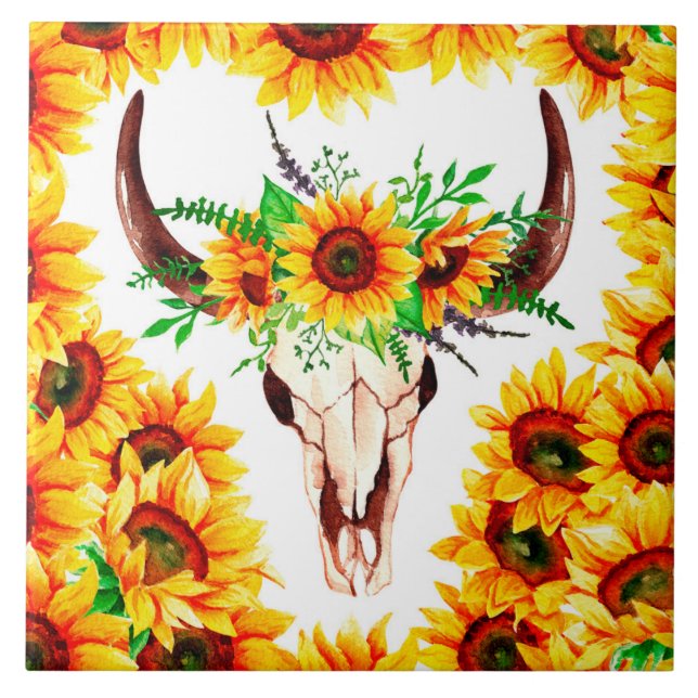 Sunflowers and Bull Skull Ceramic Tile (Front)