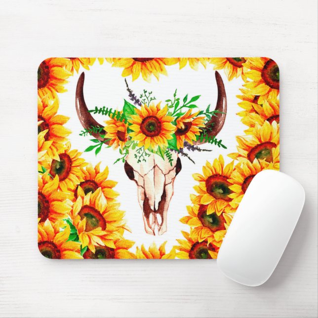 Sunflowers and Bull Skull Mouse Pad (With Mouse)