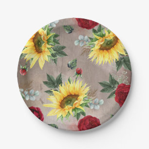 Sunflowers and Burgundy Red Roses Rustic Fall Paper Plate