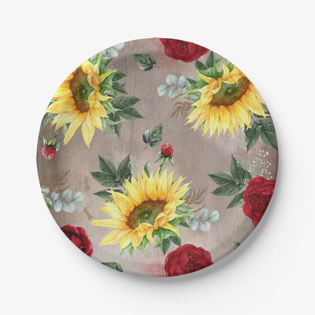 Sunflowers and Burgundy Red Roses Rustic Fall Paper Plate (Front)