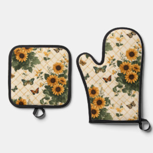 Sunflowers and Butterflies on Light Yellow Oven Mitt & Pot Holder Set