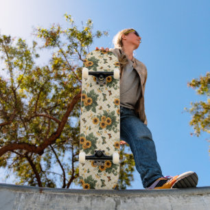 Sunflowers and Butterflies on Light Yellow Skateboard