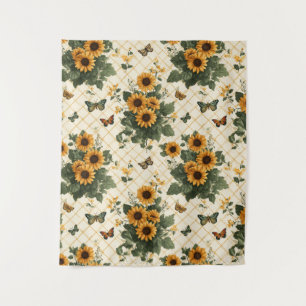 Sunflowers and Butterflies on Light Yellow Tapestry