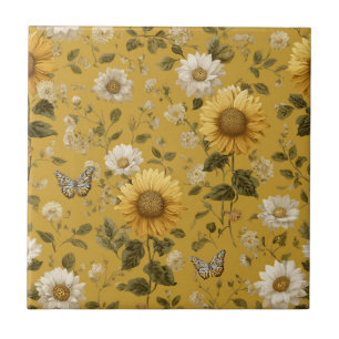 Sunflowers and Butterflies on Yellow Background 1 Ceramic Tile