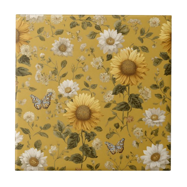 Sunflowers and Butterflies on Yellow Background 1 Ceramic Tile (Front)