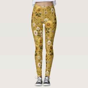 Sunflowers and Butterflies on Yellow Background 1 Leggings