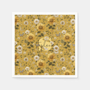 Sunflowers and Butterflies on Yellow Background 1 Napkin