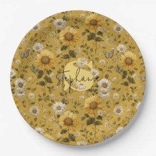 Sunflowers and Butterflies on Yellow Background 1 Paper Plate