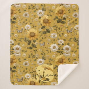 Sunflowers and Butterflies on Yellow Background 1 Sherpa Blanket