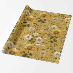 Sunflowers and Butterflies on Yellow Background 1 Wrapping Paper
