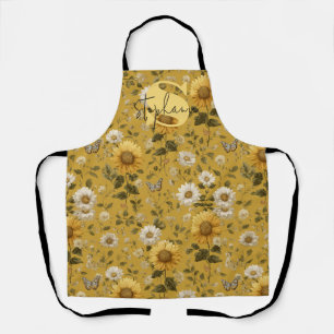 Sunflowers and Butterflies on Yellow Background Apron