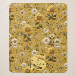Sunflowers and Butterflies on Yellow Background Sherpa Blanket