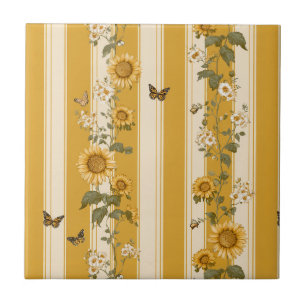 Sunflowers and Butterflies on Yellow Stripes (2) Ceramic Tile