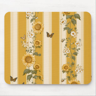 Sunflowers and Butterflies on Yellow Stripes (2) Mouse Pad