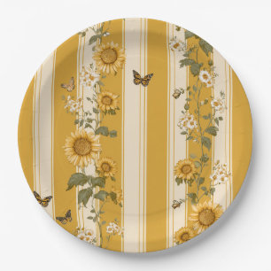 Sunflowers and Butterflies on Yellow Stripes (2) Paper Plate