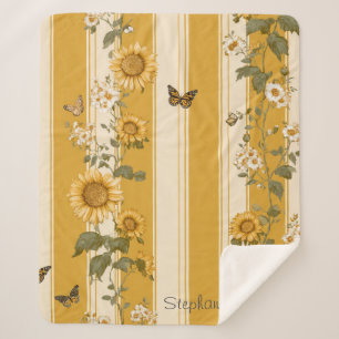 Sunflowers and Butterflies on Yellow Stripes (2) Sherpa Blanket