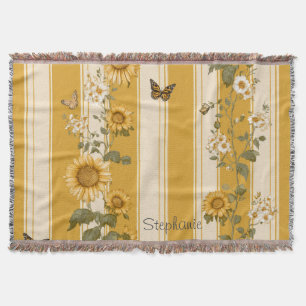 Sunflowers and Butterflies on Yellow Stripes (2) Throw Blanket