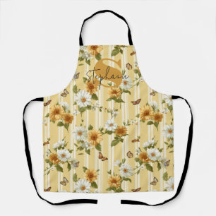 Sunflowers and Butterflies on Yellow Stripes (3) Apron