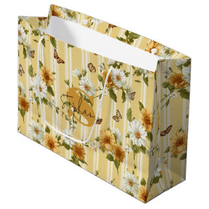 Sunflowers and Butterflies on Yellow Stripes (3) Large Gift Bag