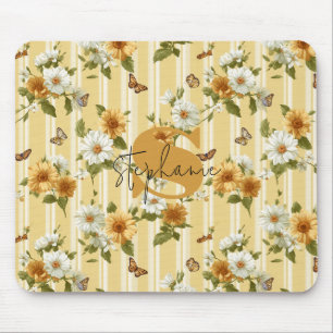 Sunflowers and Butterflies on Yellow Stripes (3) Mouse Pad