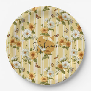 Sunflowers and Butterflies on Yellow Stripes (3) Paper Plate