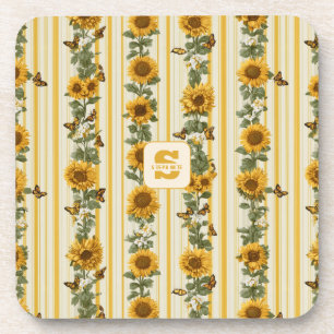 Sunflowers and Butterflies on Yellow Stripes Coaster