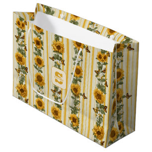 Sunflowers and Butterflies on Yellow Stripes Large Gift Bag