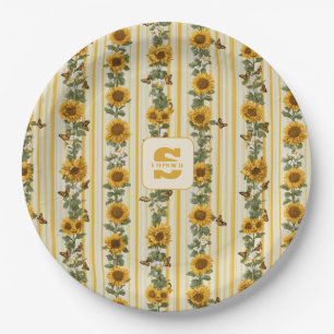 Sunflowers and Butterflies on Yellow Stripes Paper Plate