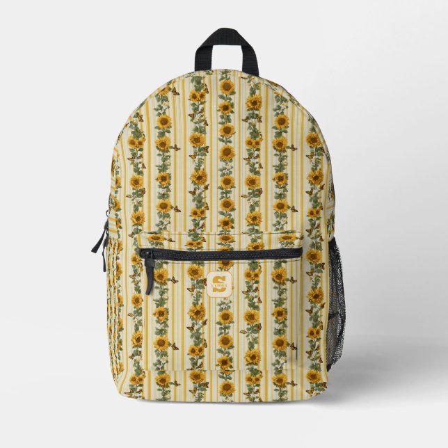 Sunflowers and Butterflies on Yellow Stripes Printed Backpack (Front)
