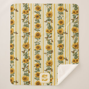 Sunflowers and Butterflies on Yellow Stripes Sherpa Blanket