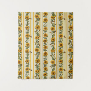 Sunflowers and Butterflies on Yellow Stripes Tapestry