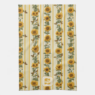 Sunflowers and Butterflies on Yellow Stripes Tea Towel