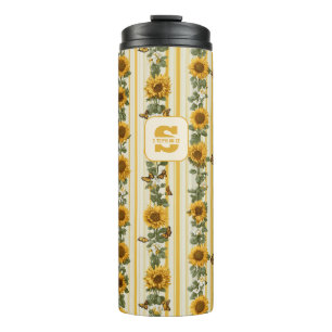 Sunflowers and Butterflies on Yellow Stripes Thermal Tumbler